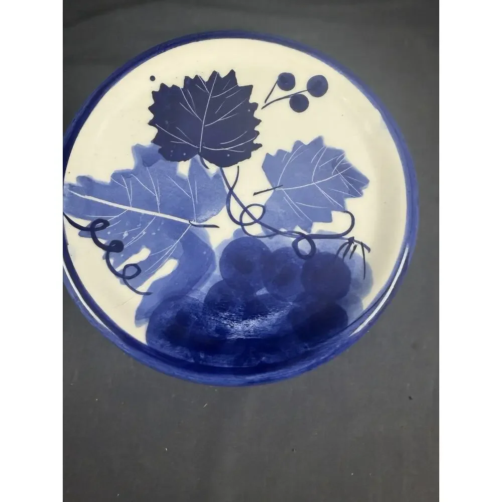 Vintage Hand Painted Ceramic Blue & White Grapes Leaves Canister Jar Designpac